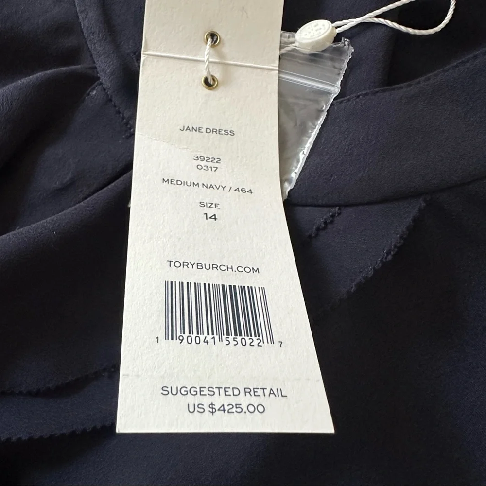 NWT TORY BURCH JANE RUFFLE NECK FLOUNCE HEM NAVY SHIFT DRESS SIZE  14